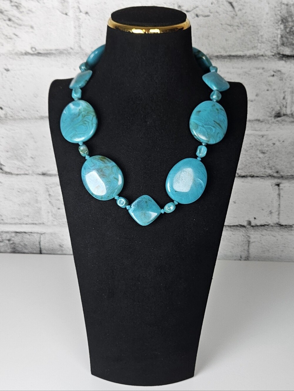 Turquoise Blue Chunky Statement Beaded Necklace Silver Tone Adjustable